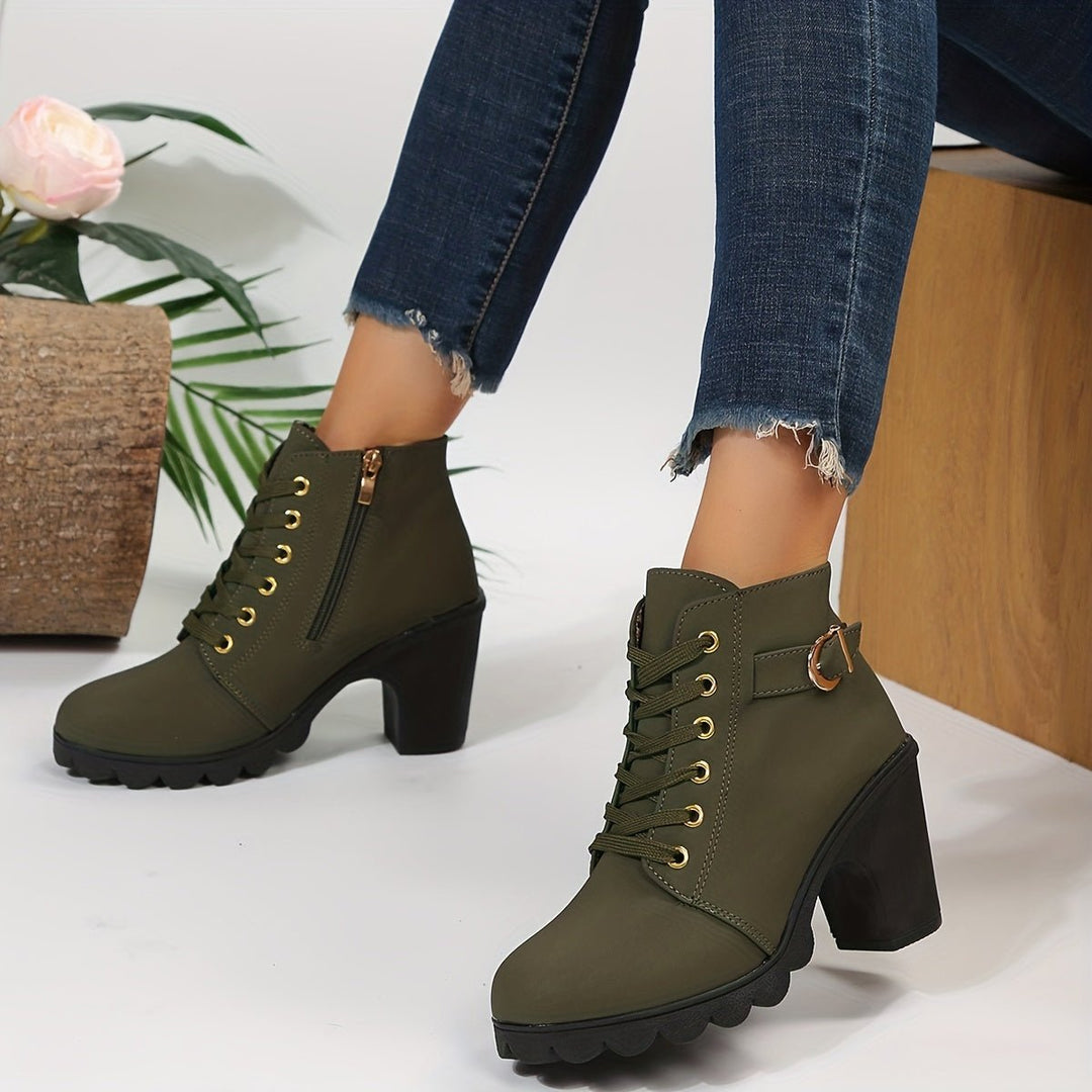 Women's Lace-Up Block-Heel Buckle Strap Platform Ankle Boots