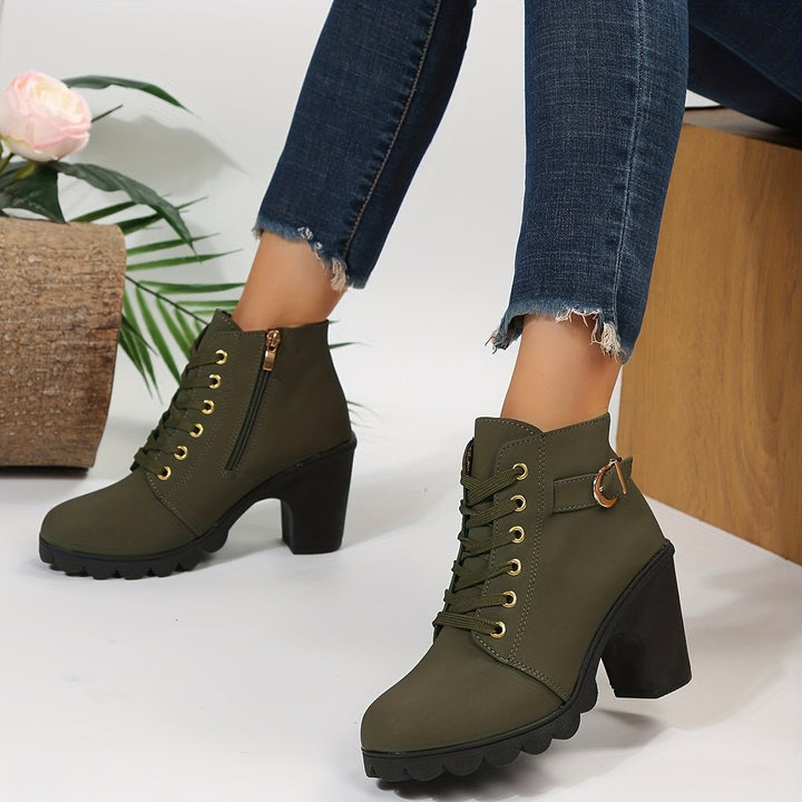 Women's Lace-Up Block-Heel Buckle Strap Platform Ankle Boots