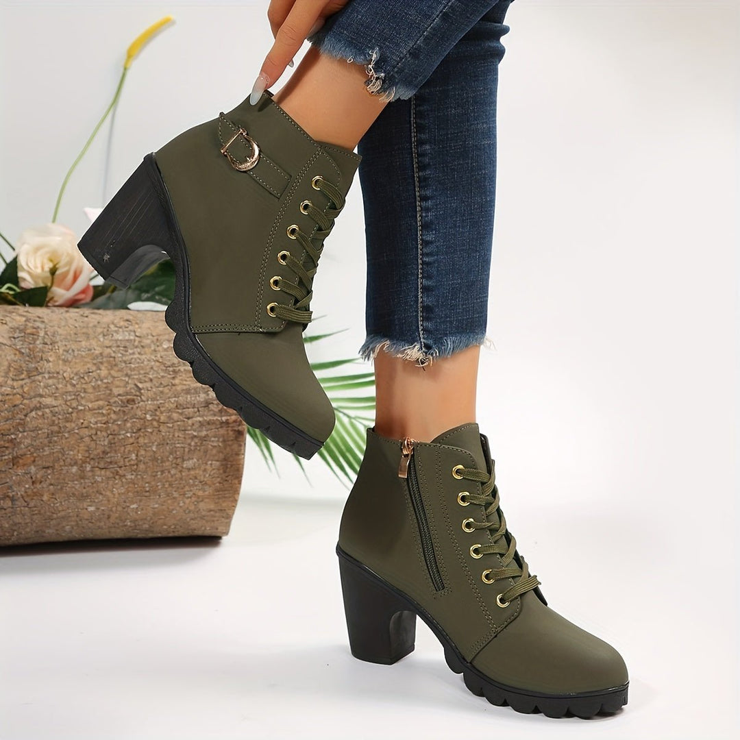 Women's Lace-Up Block-Heel Buckle Strap Platform Ankle Boots