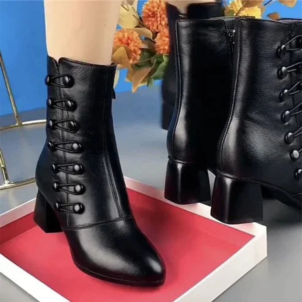 Women's Lace-Up Block-Heel Faux Leather Ankle Boots