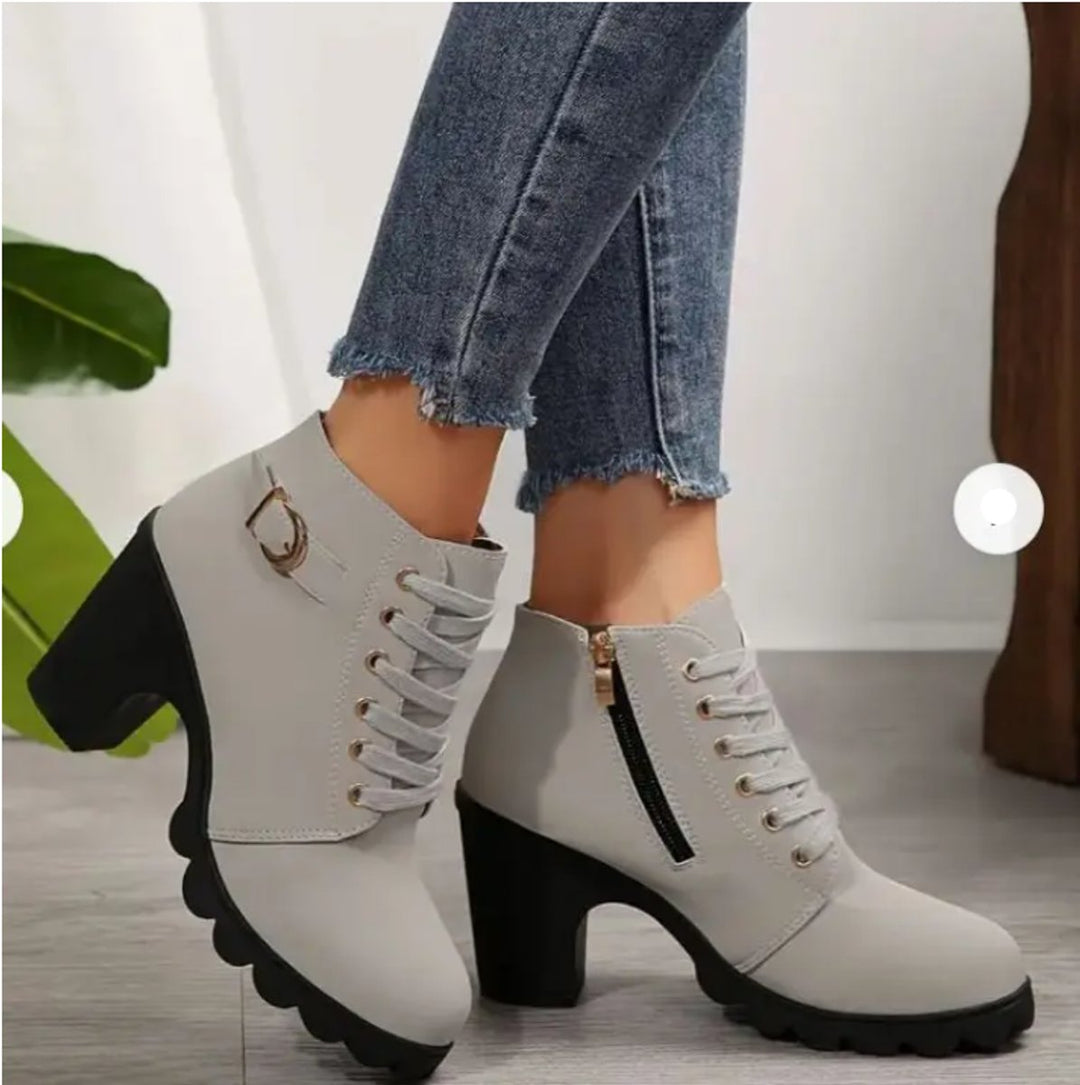 Women's Lace-Up Block-Heel Platform Ankle Boots Buckle Detail