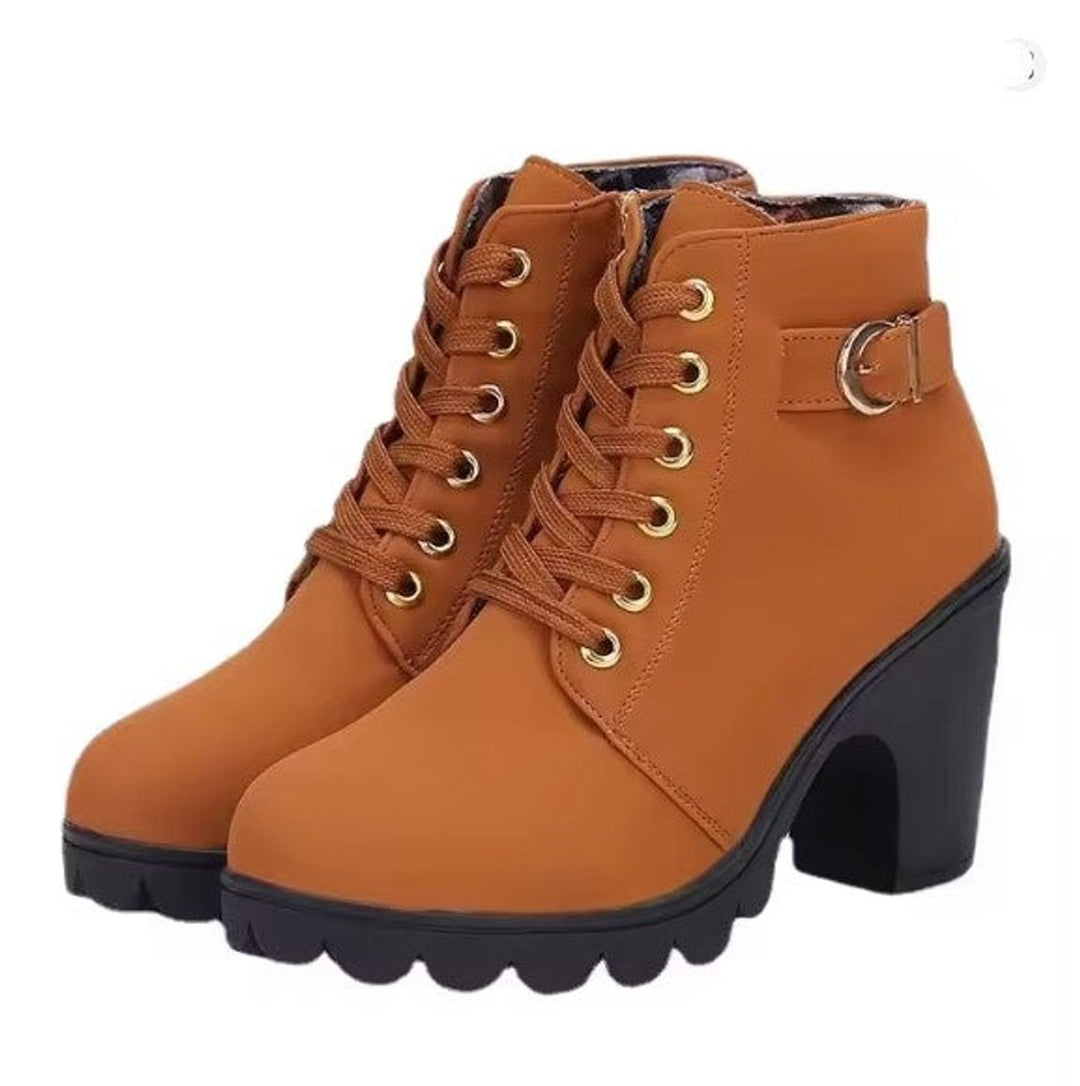 Women's Lace-Up Block-Heel Platform Ankle Boots Buckle Detail