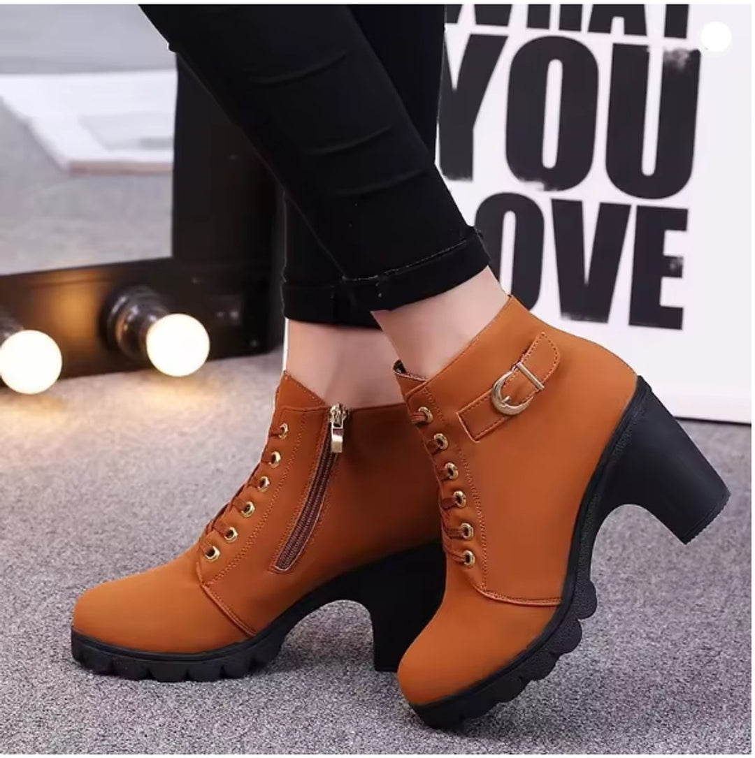 Women's Lace-Up Block-Heel Platform Ankle Boots Buckle Detail
