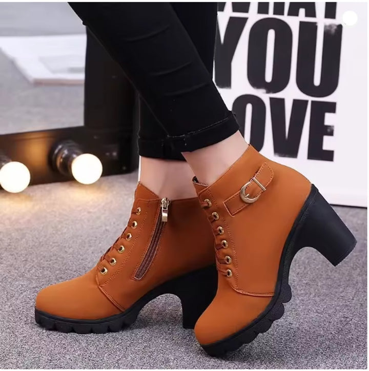 Women's Lace-Up Block-Heel Platform Ankle Boots Buckle Detail