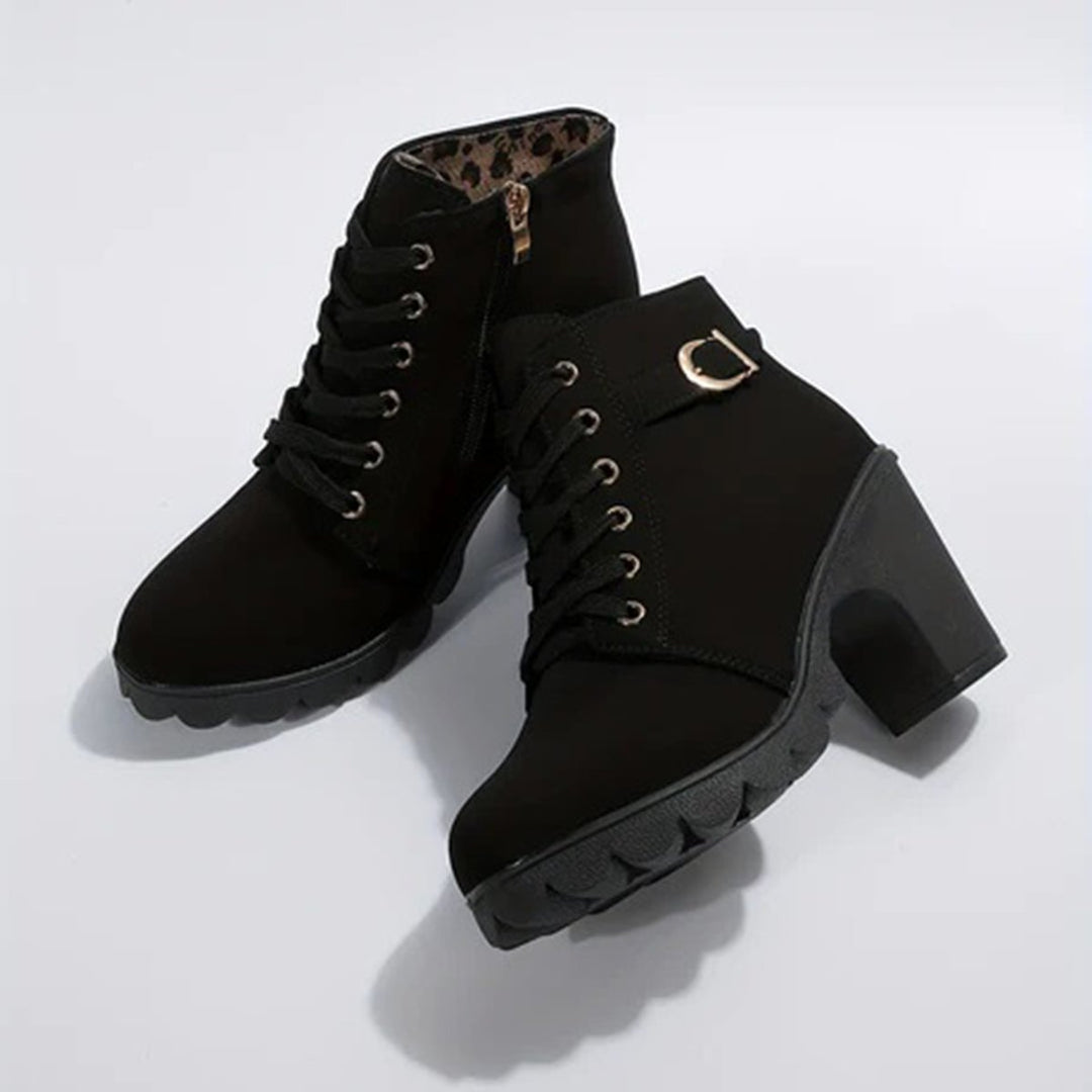 Women's Lace-Up Block-Heel Platform Ankle Boots Buckle Detail