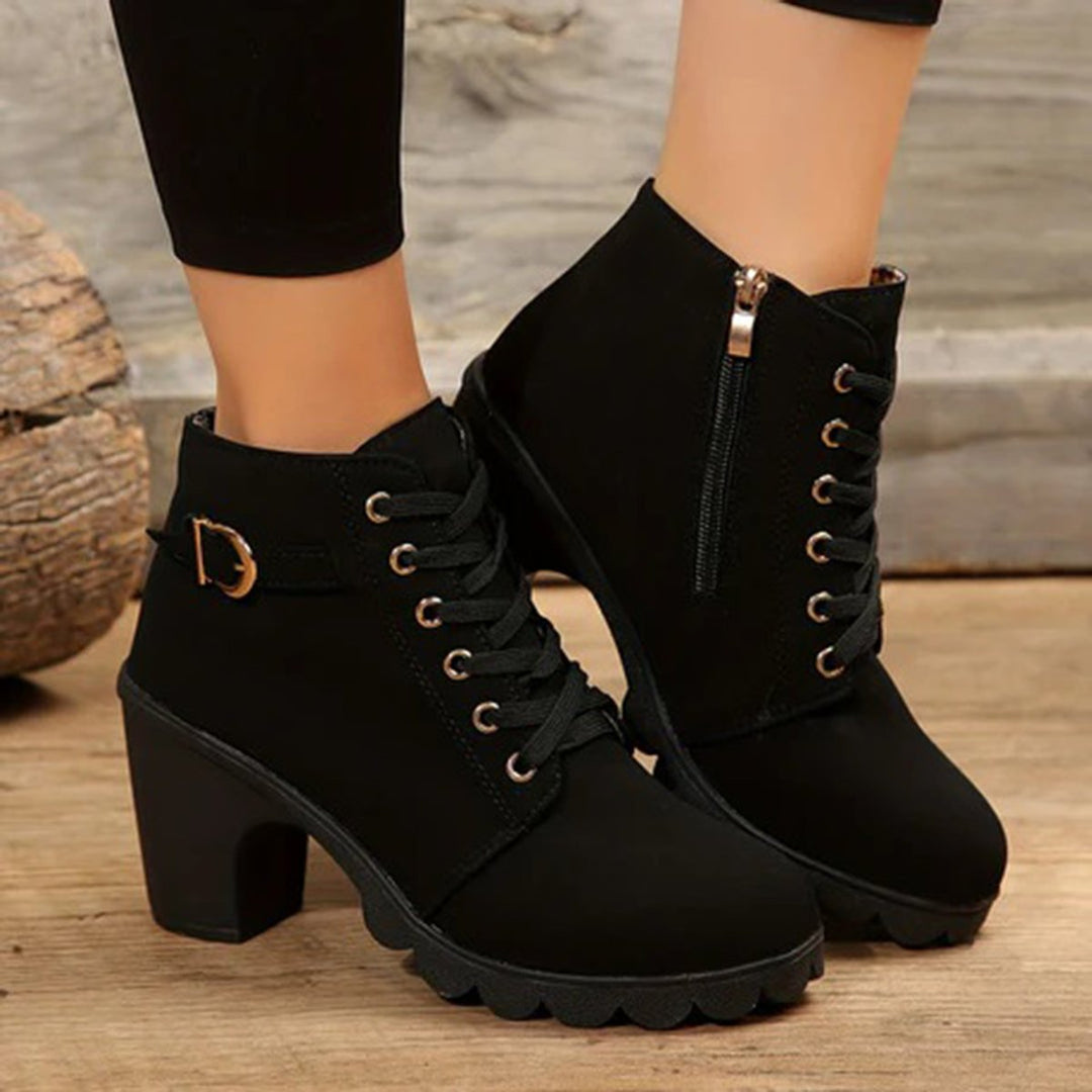Women's Lace-Up Block-Heel Platform Ankle Boots Buckle Detail
