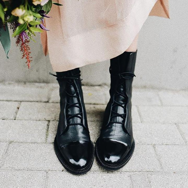 Women's Lace-Up Leather Ankle Boots Block Heel
