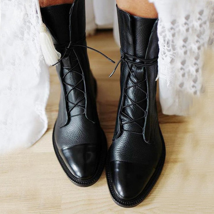 Women's Lace-Up Leather Ankle Boots Block Heel