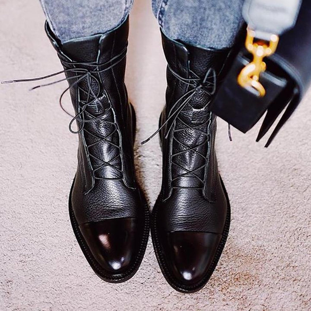 Women's Lace-Up Leather Ankle Boots Block Heel