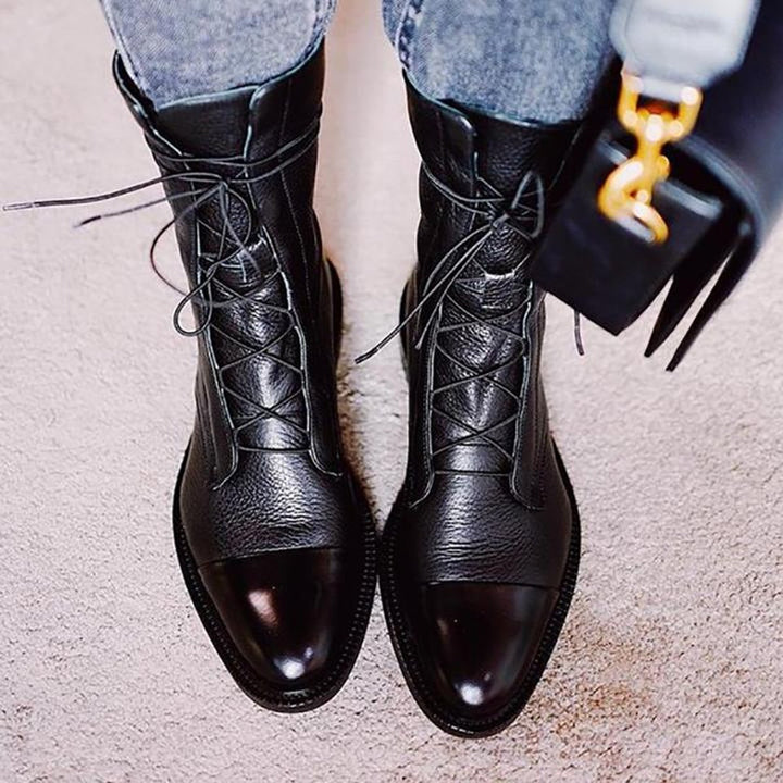 Women's Lace-Up Leather Ankle Boots Block Heel