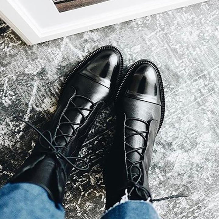 Women's Lace-Up Leather Ankle Boots Block Heel