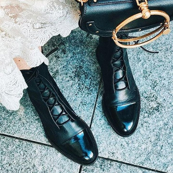 Women's Lace-Up Leather Ankle Boots Block Heel