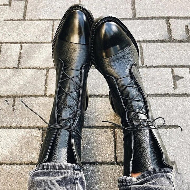 Women's Lace-Up Leather Ankle Boots Block Heel