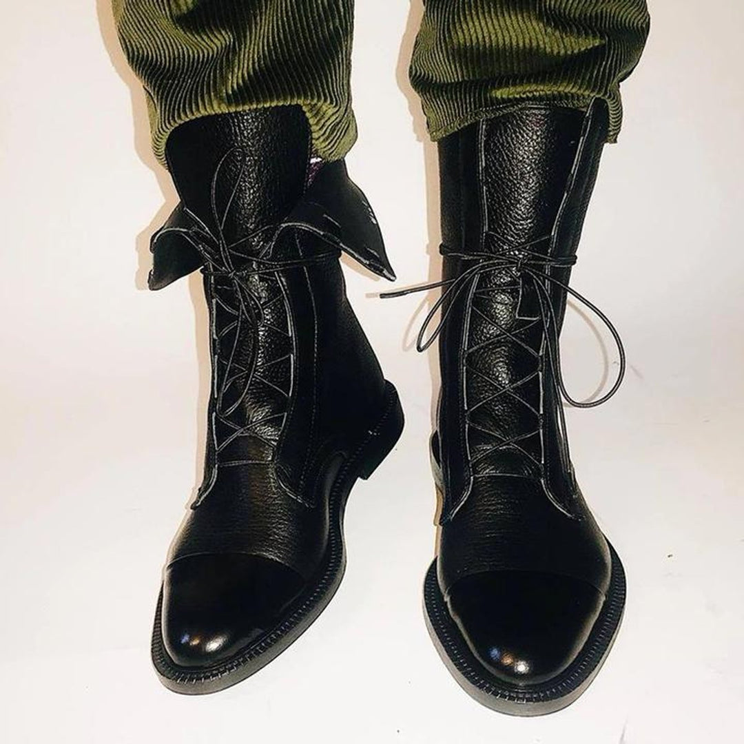 Women's Lace-Up Leather Ankle Boots Block Heel