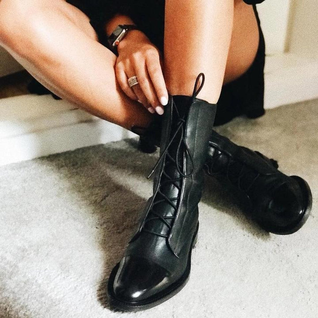 Women's Lace-Up Leather Ankle Boots Block Heel