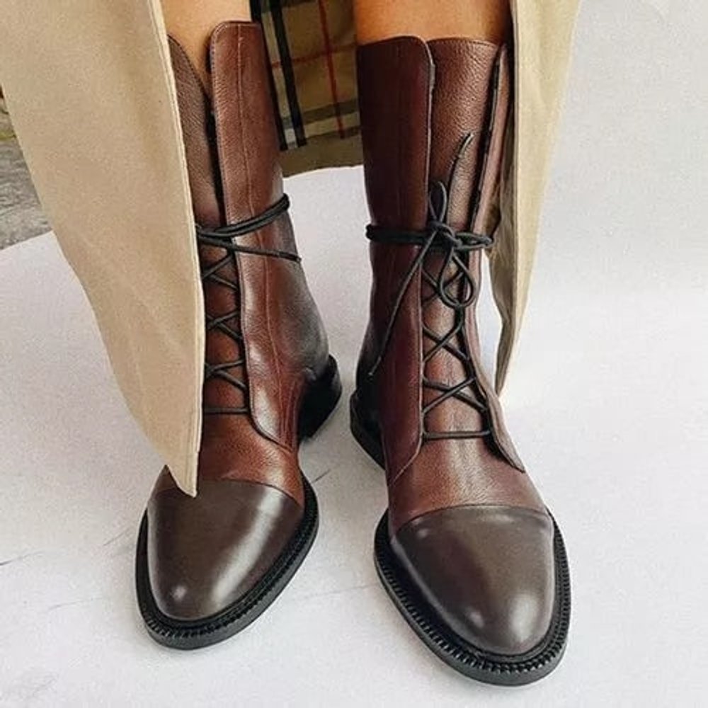 Women's Lace-Up Leather Ankle Boots Block Heel