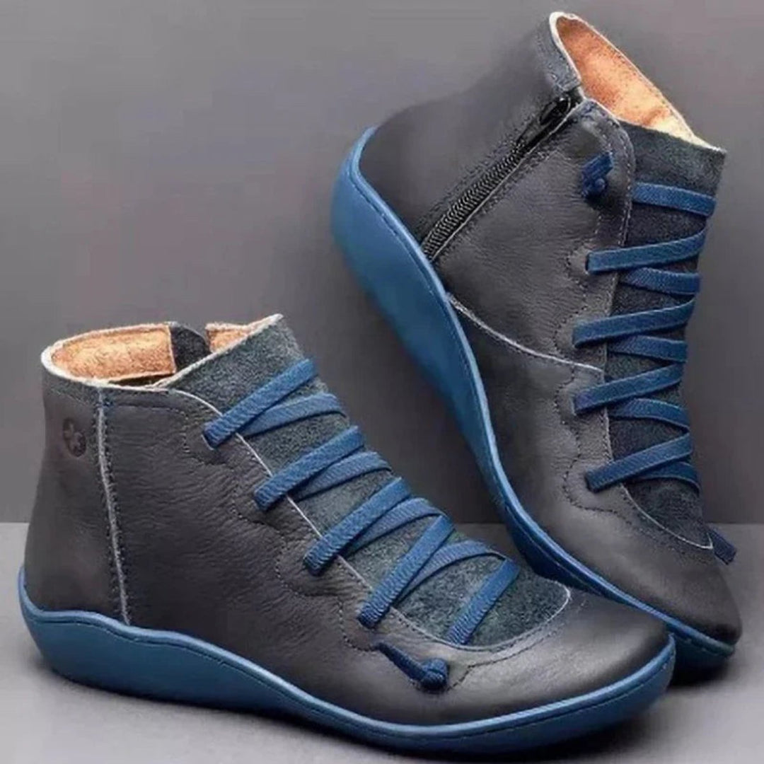 Women's Lace-Up Side-Zip Flat Faux Leather Ankle Boots