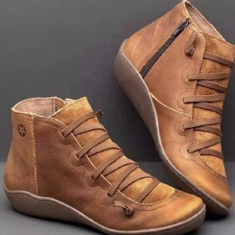 Women's Lace-Up Side-Zip Flat Faux Leather Ankle Boots