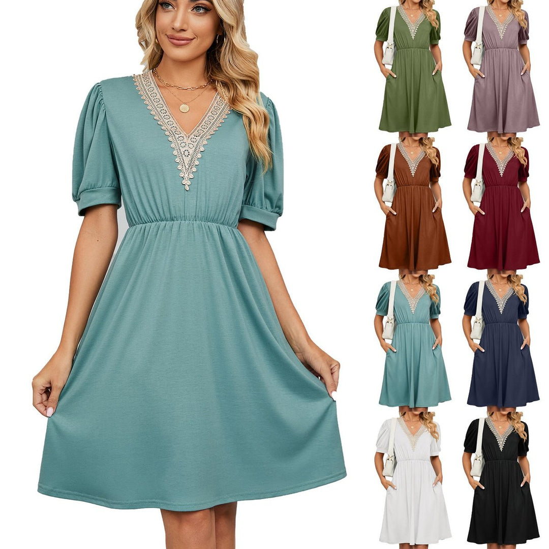 Women's Lace V-Neck Puff Sleeve Fall Midi Dress Elastic Waist Pockets