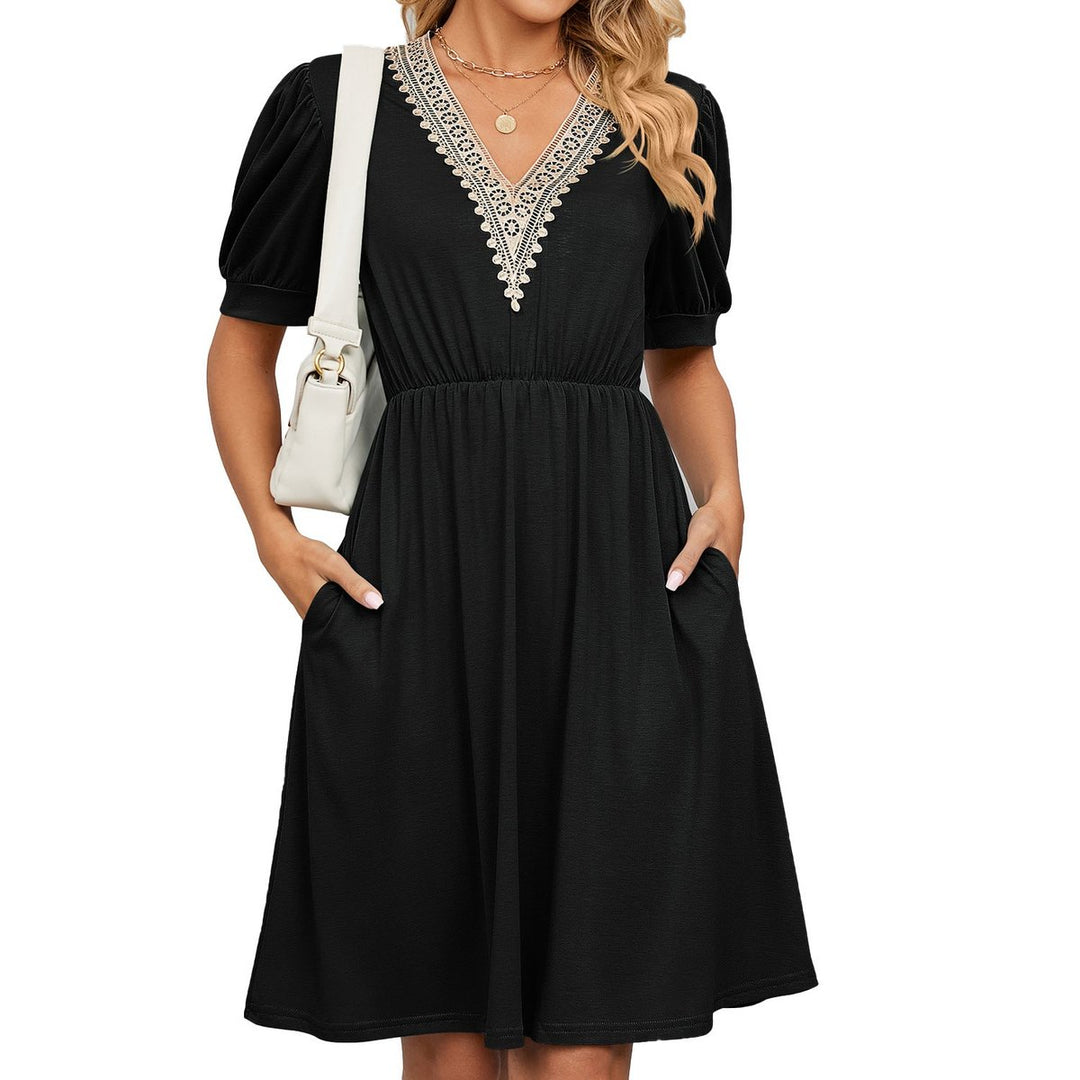Women's Lace V-Neck Puff Sleeve Fall Midi Dress Elastic Waist Pockets