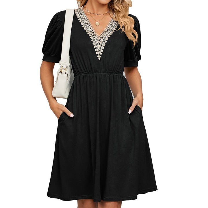 Women's Lace V-Neck Puff Sleeve Fall Midi Dress Elastic Waist Pockets