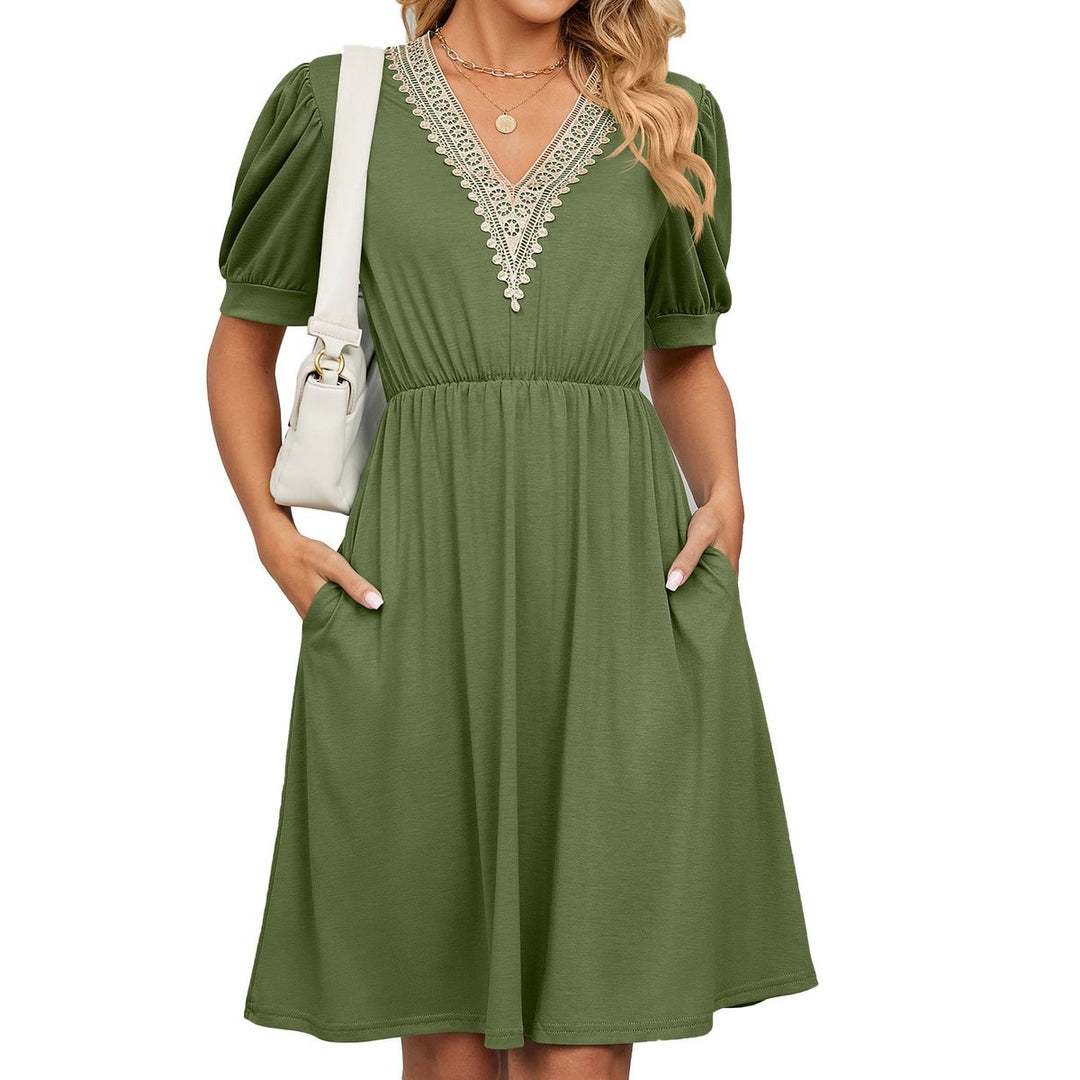Women's Lace V-Neck Puff Sleeve Fall Midi Dress Elastic Waist Pockets