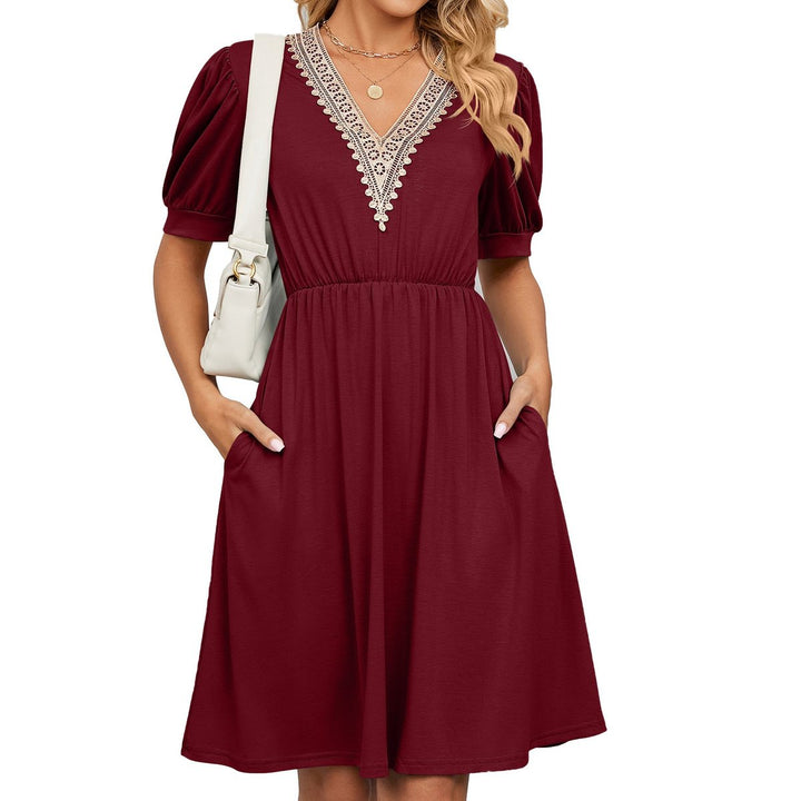 Women's Lace V-Neck Puff Sleeve Fall Midi Dress Elastic Waist Pockets