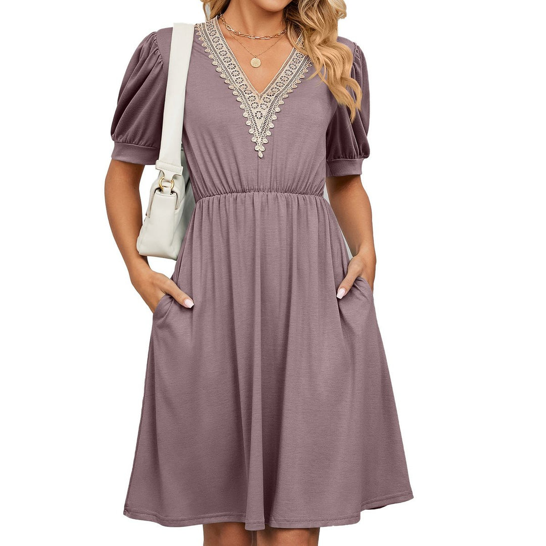 Women's Lace V-Neck Puff Sleeve Fall Midi Dress Elastic Waist Pockets