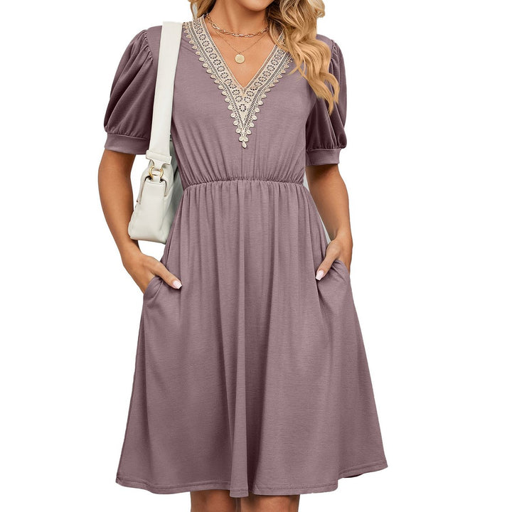 Women's Lace V-Neck Puff Sleeve Fall Midi Dress Elastic Waist Pockets
