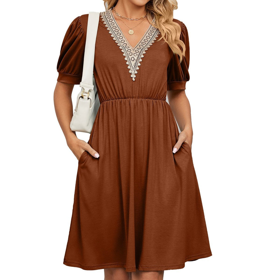 Women's Lace V-Neck Puff Sleeve Fall Midi Dress Elastic Waist Pockets