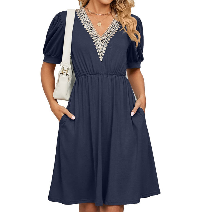 Women's Lace V-Neck Puff Sleeve Fall Midi Dress Elastic Waist Pockets