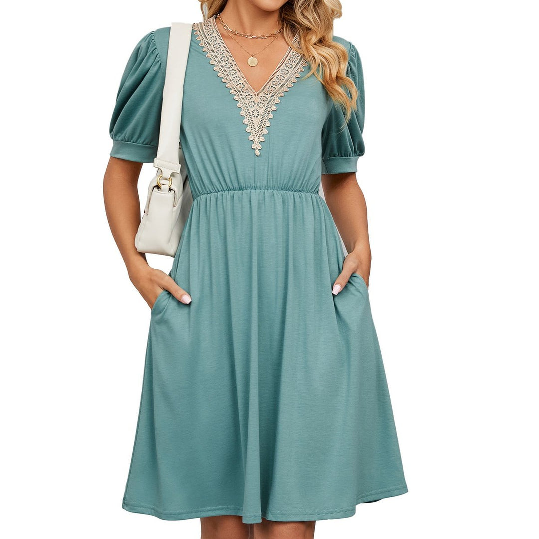 Women's Lace V-Neck Puff Sleeve Fall Midi Dress Elastic Waist Pockets