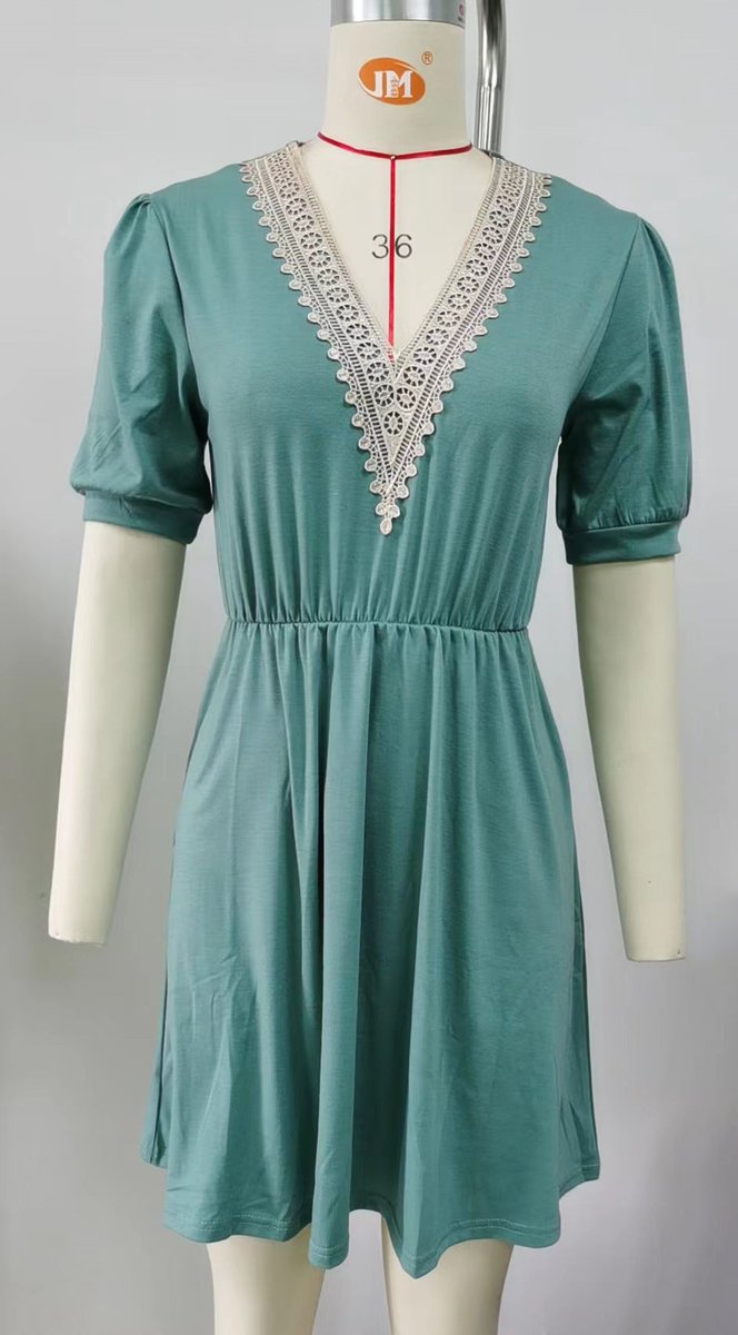 Women's Lace V-Neck Puff Sleeve Fall Midi Dress Elastic Waist Pockets