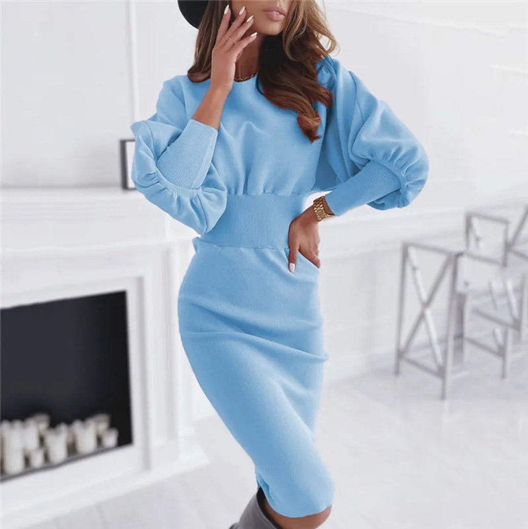 Women's Lantern Sleeve Bodycon Fall Midi Dress High-Waist Knit