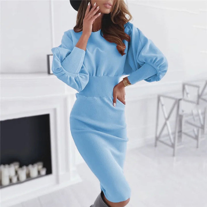 Women's Lantern Sleeve Bodycon Fall Midi Dress High-Waist Knit