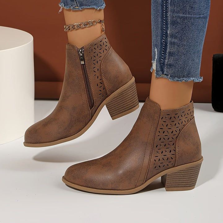 Women's Laser-Cut Block-Heel Side-Zip Ankle Boots - Brown
