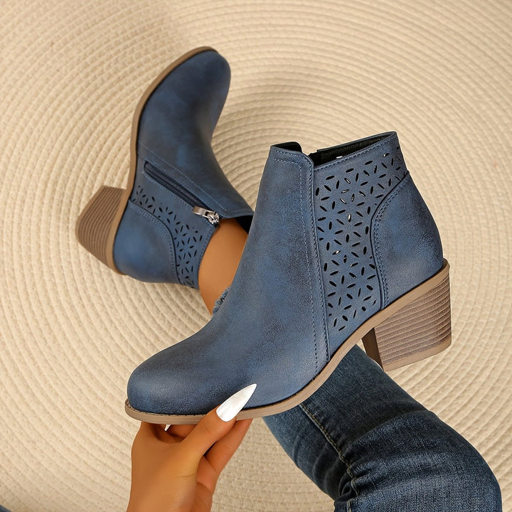 Women's Laser-Cut Block-Heel Side-Zip Ankle Boots - Blue