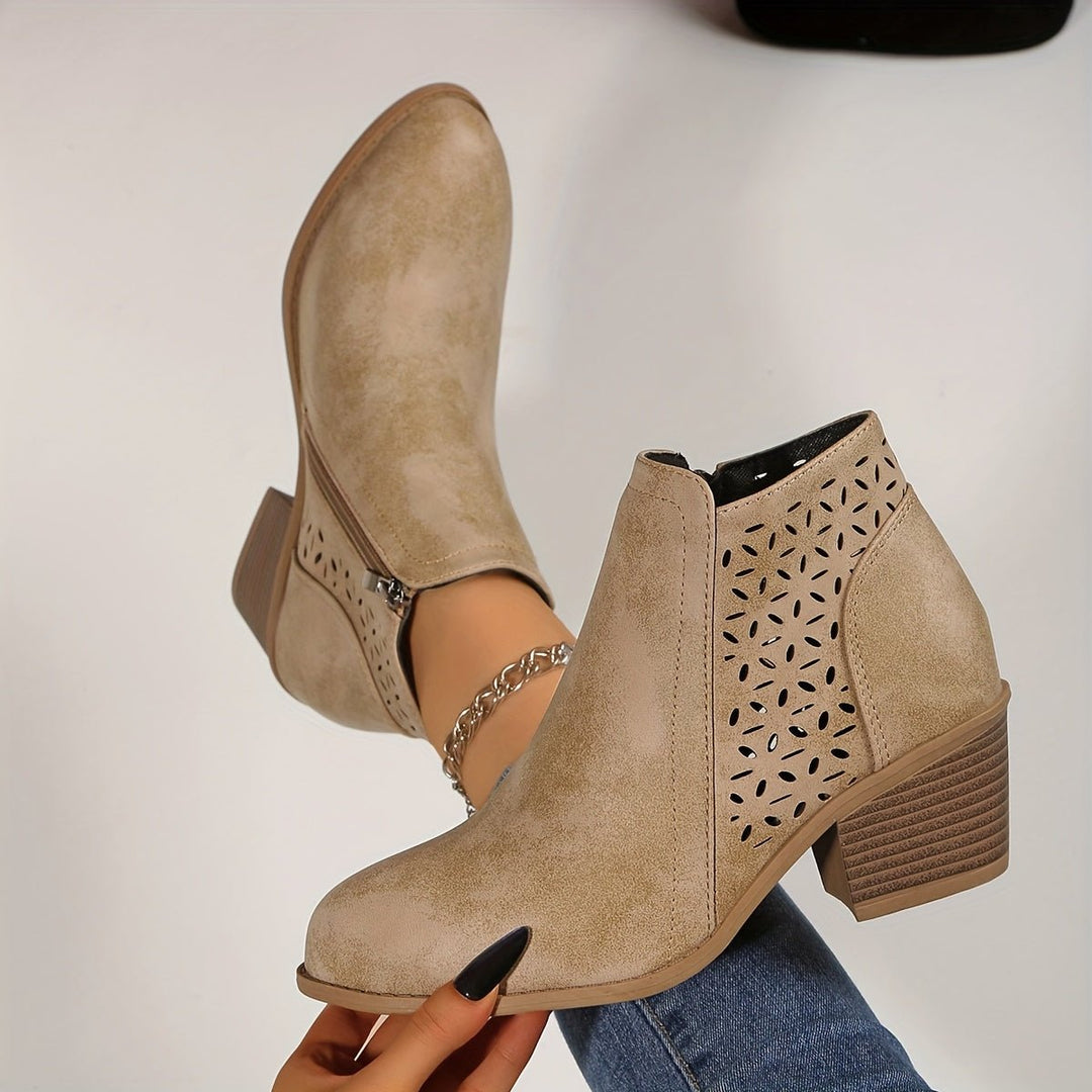 Women's Laser-Cut Block-Heel Side-Zip Ankle Boots - Beige