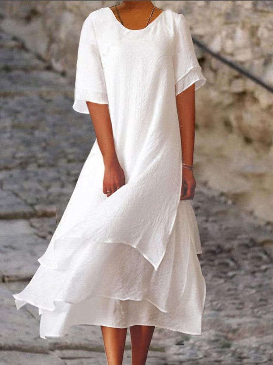 Women's Layered Flowy Fall Midi Dress Short Sleeve