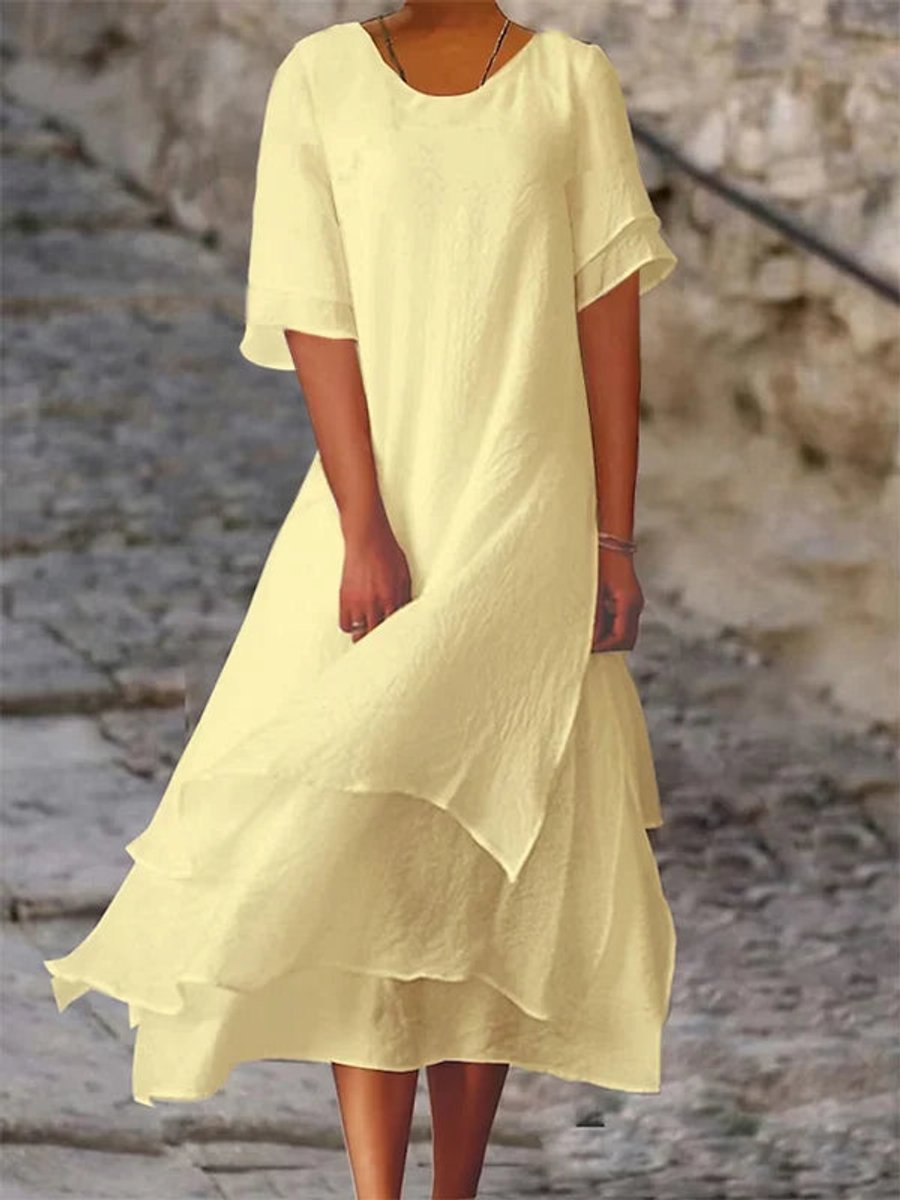 Women's Layered Flowy Fall Midi Dress Short Sleeve
