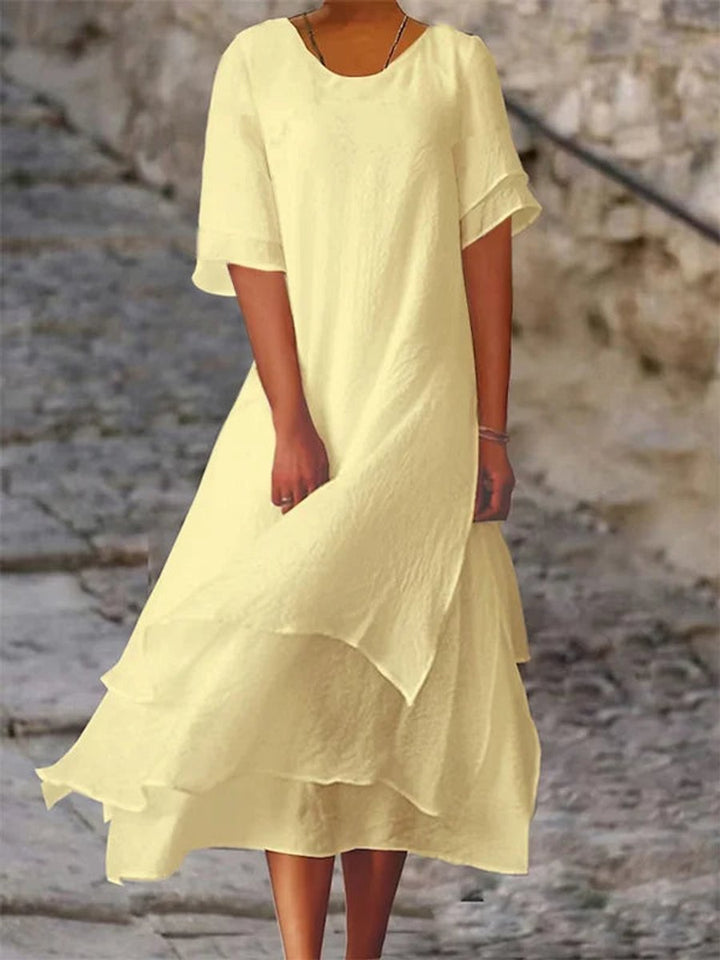 Women's Layered Flowy Fall Midi Dress Short Sleeve