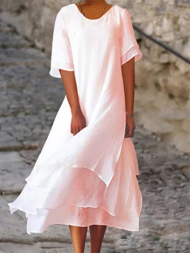 Women's Layered Flowy Fall Midi Dress Short Sleeve
