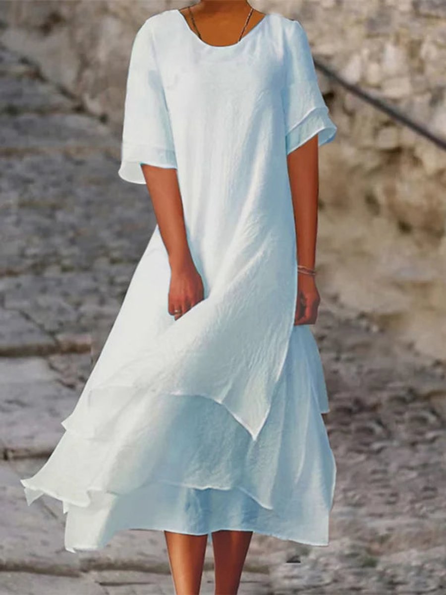 Women's Layered Flowy Fall Midi Dress Short Sleeve