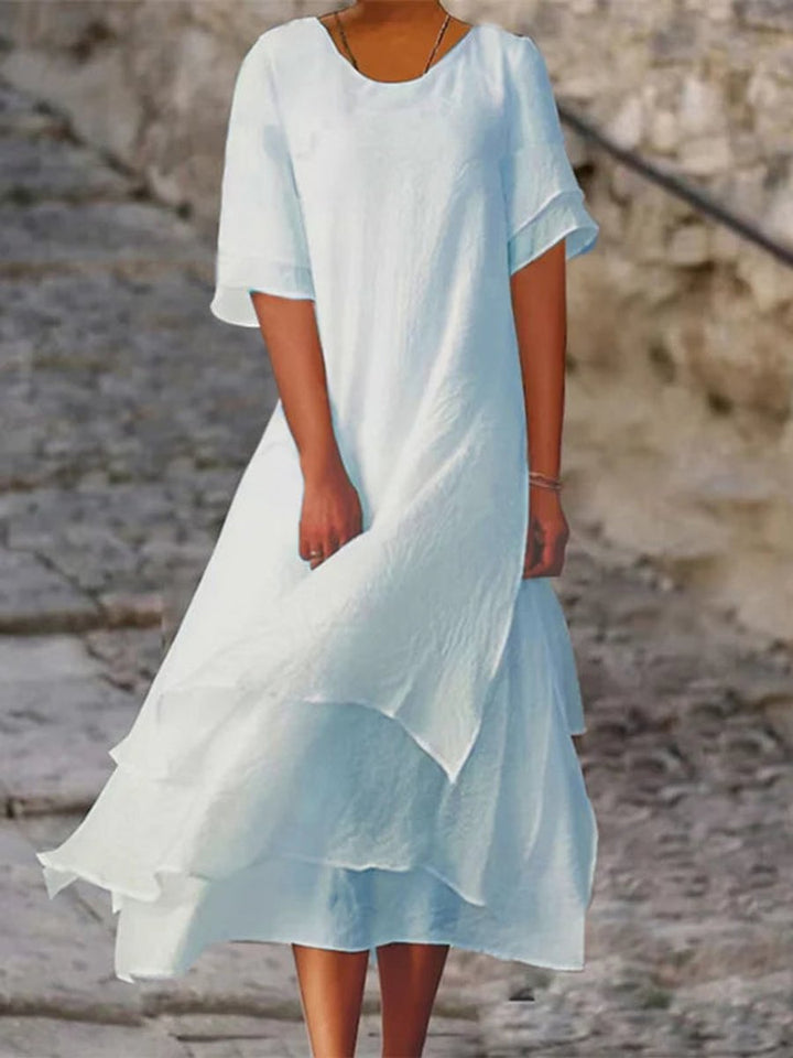 Women's Layered Flowy Fall Midi Dress Short Sleeve