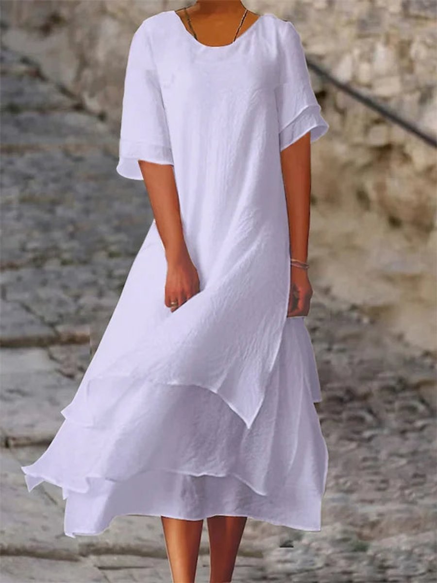 Women's Layered Flowy Fall Midi Dress Short Sleeve