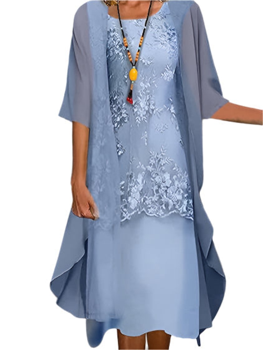 Women's Layered Lace Chiffon Sheer Sleeve Fall Wedding Guest Dress
