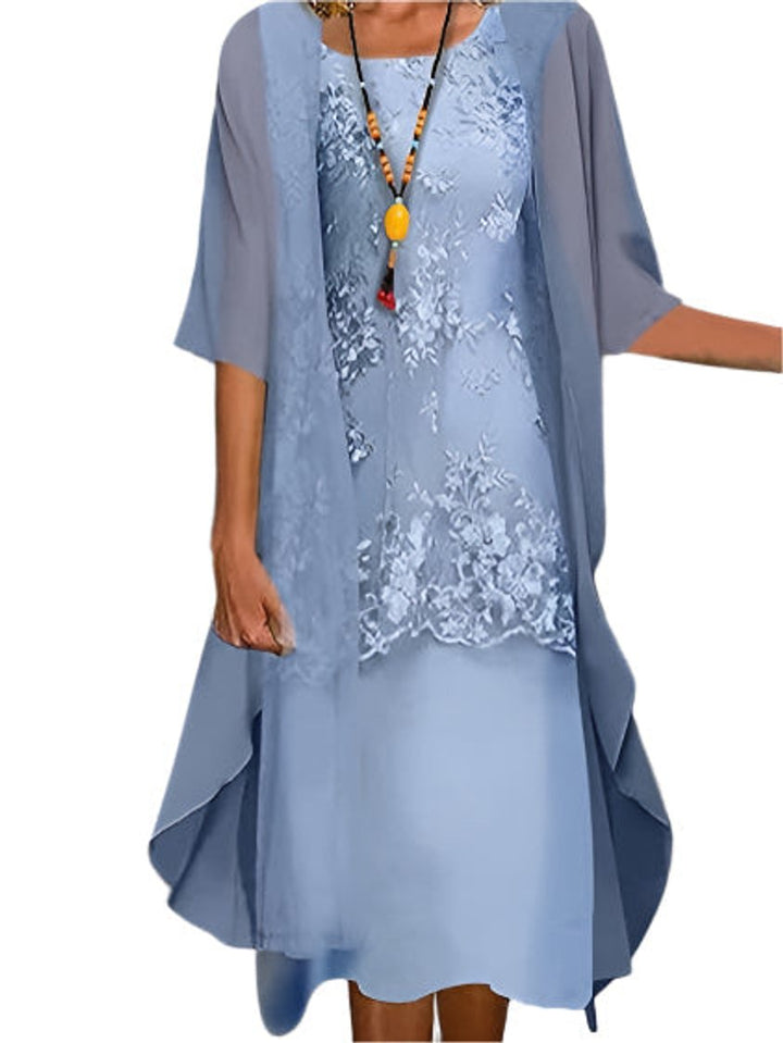 Women's Layered Lace Chiffon Sheer Sleeve Fall Wedding Guest Dress