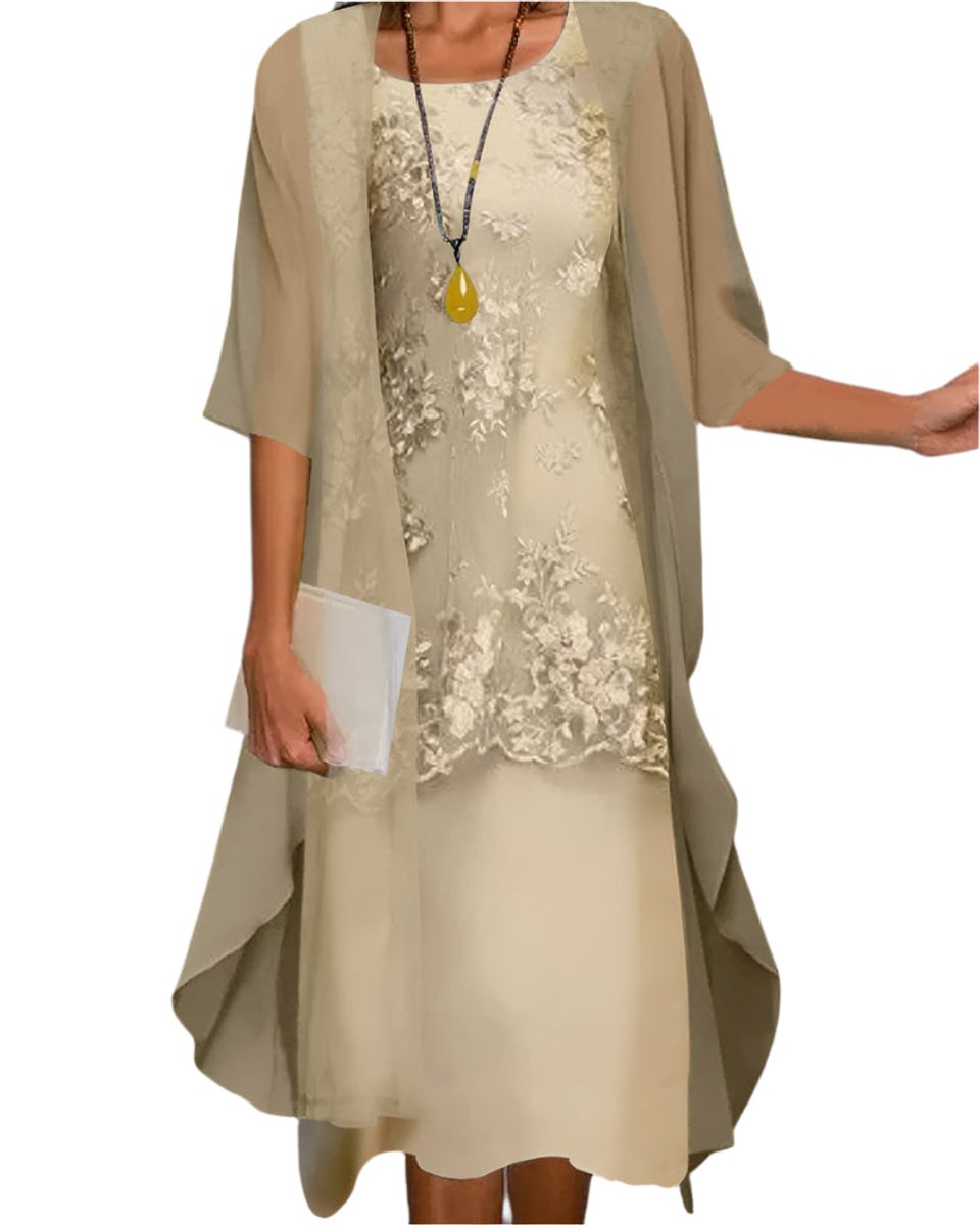 Women's Layered Lace Chiffon Sheer Sleeve Fall Wedding Guest Dress