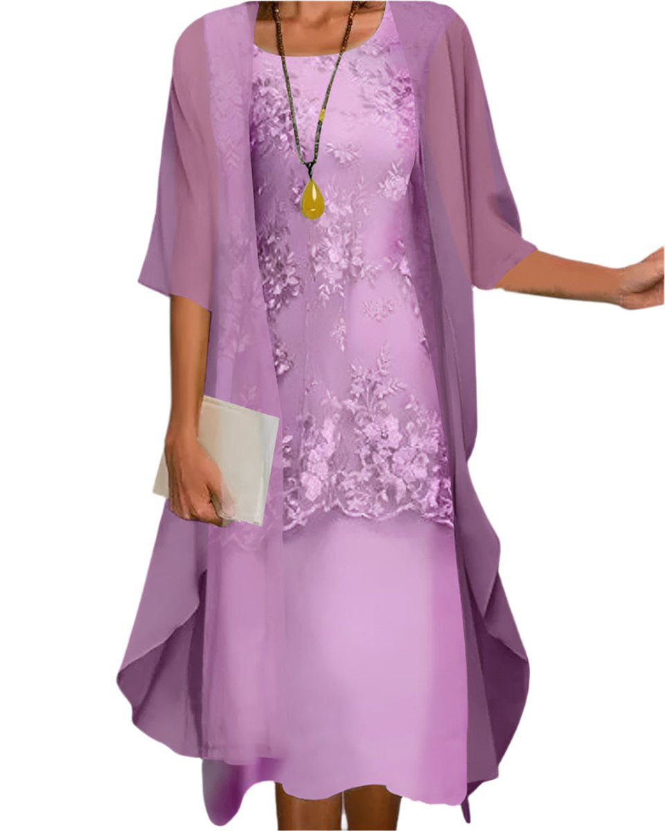 Women's Layered Lace Chiffon Sheer Sleeve Fall Wedding Guest Dress