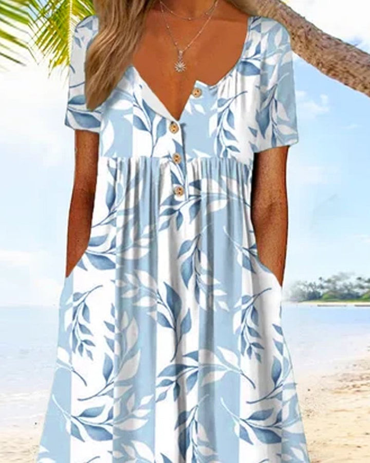 Women's Leaf Print Short Sleeve A-Line Fall Midi Dress